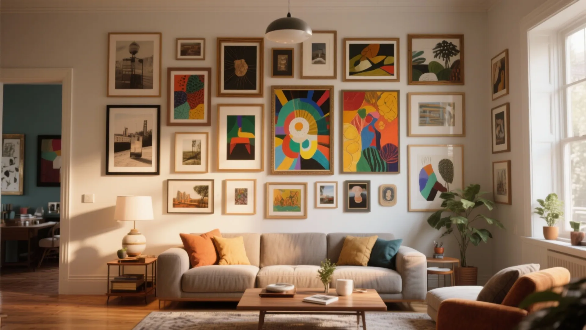 Gallery wall with mixed frames in a downstairs living room