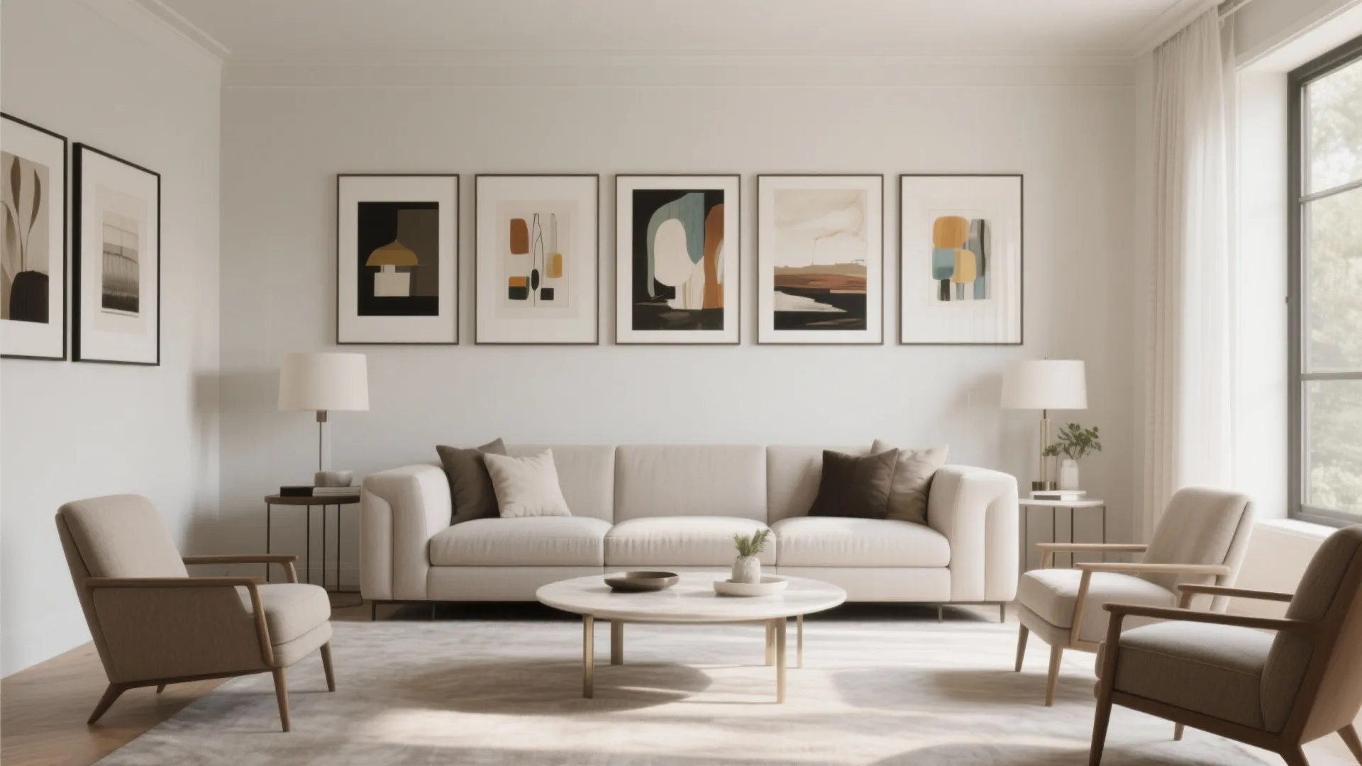 Minimalist living room with beige sofa two armchairs marble coffee table and five framed artworks
