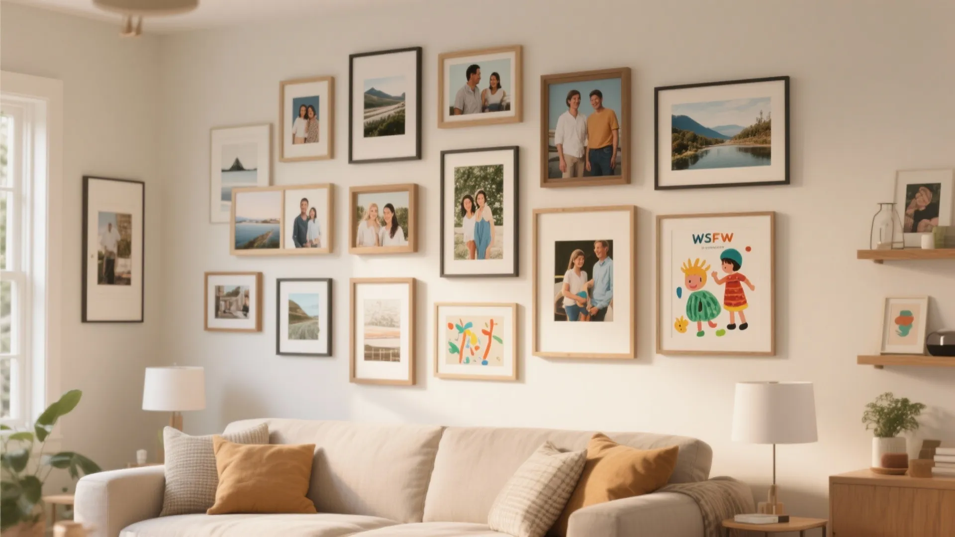 Living room gallery wall with family photos and art frames above a beige fabric sofa