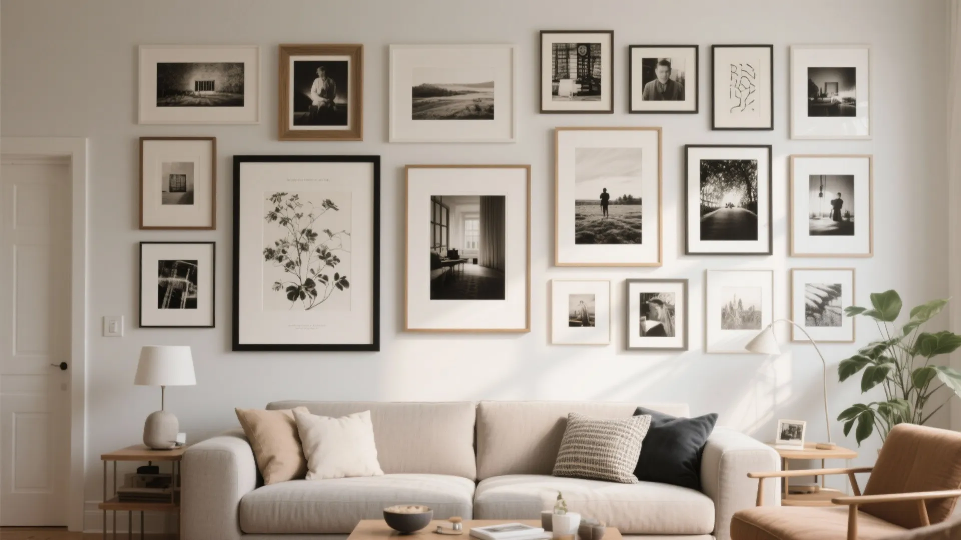 Modern living room featuring large gallery wall with framed pictures beige sofa and floor light fixture