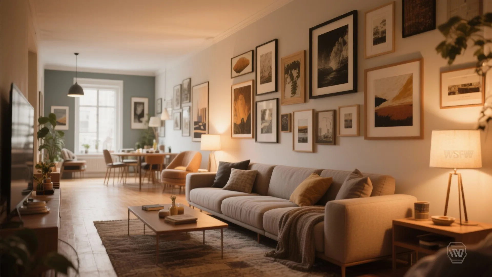 Warm living room with a large sofa gallery wall of framed art coffee table and lamps