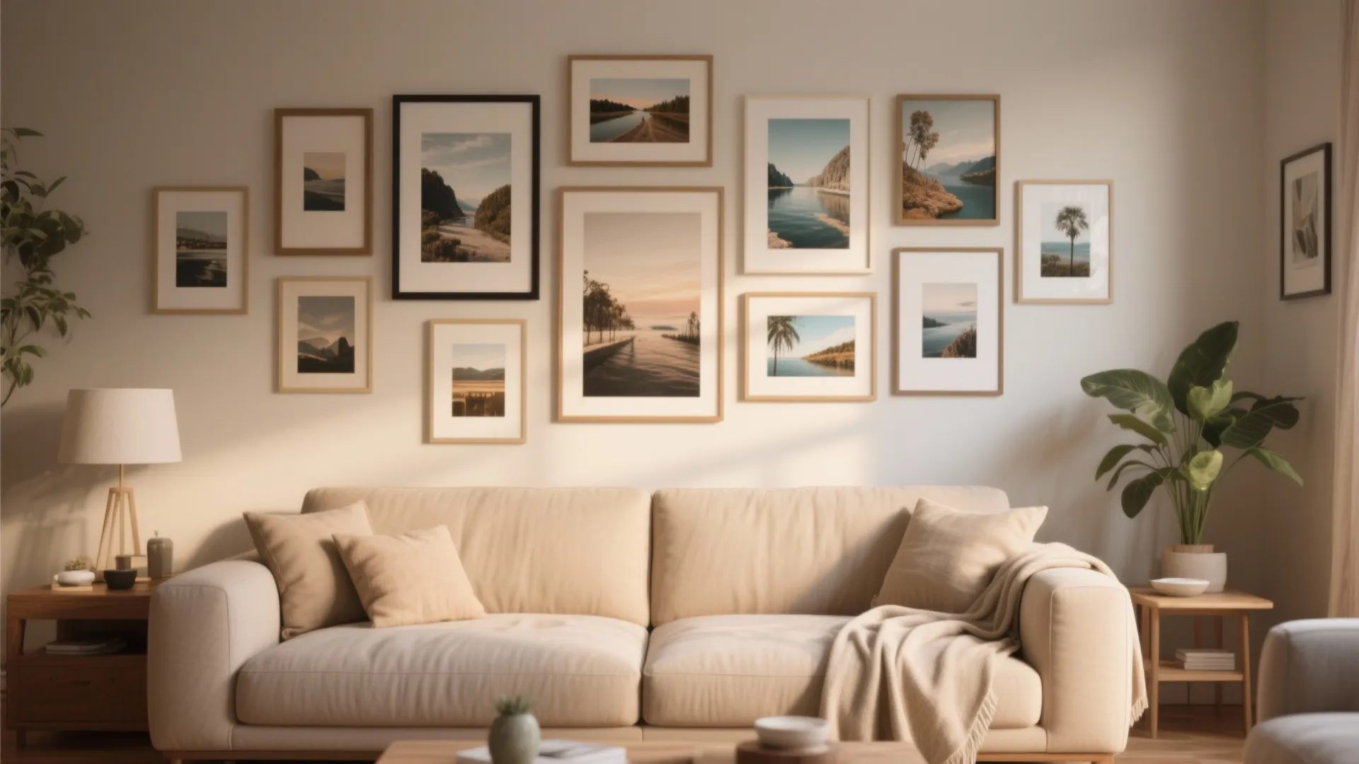 Cozy living room featuring beige sofa decorated with gallery wall frames and indoor green plants
