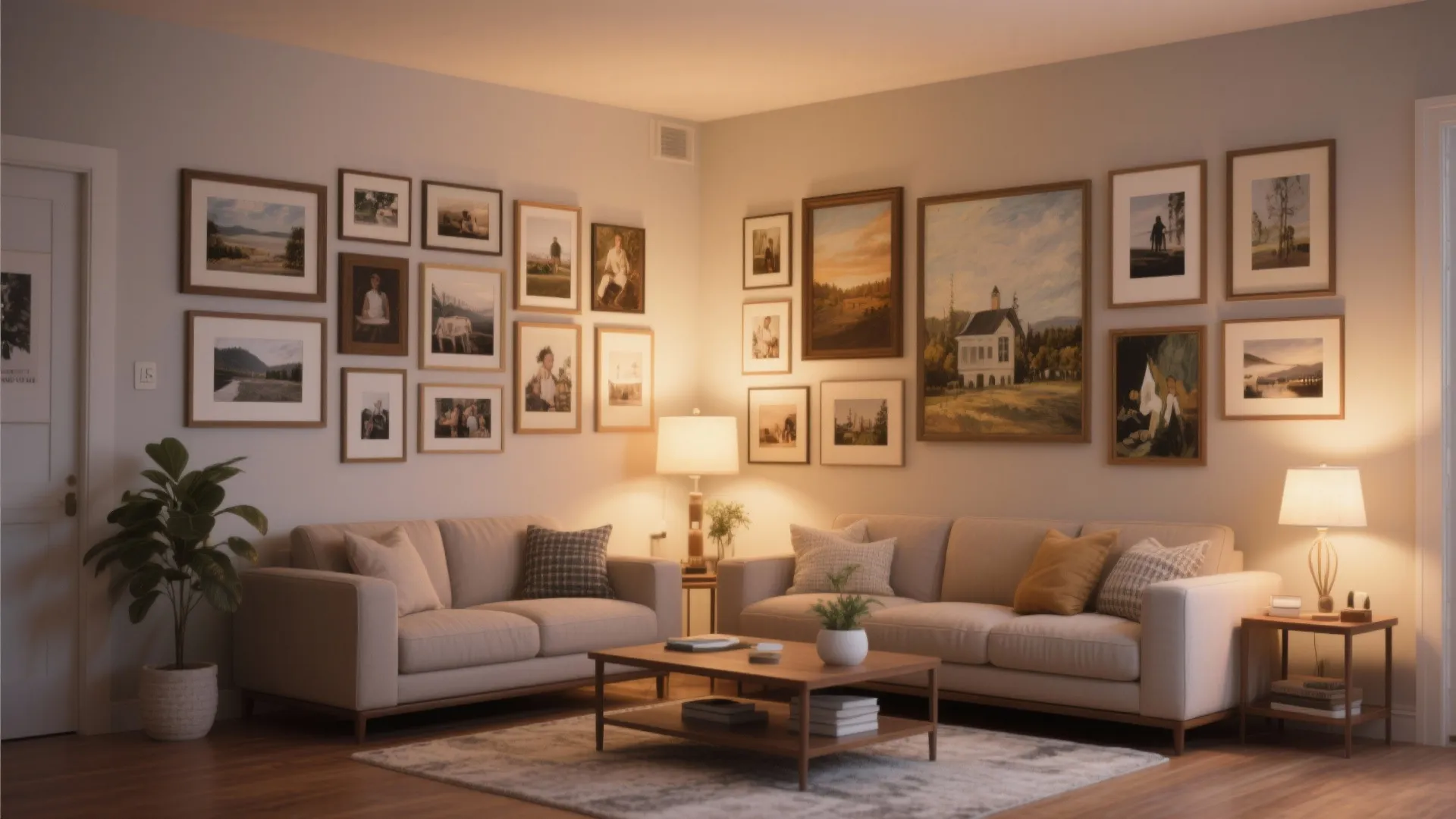 Living room with many framed pictures on wall two beige sofas and a coffee table