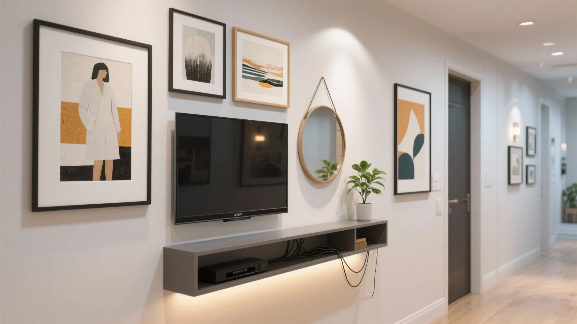 Gallery wall with media shelf and asymmetry