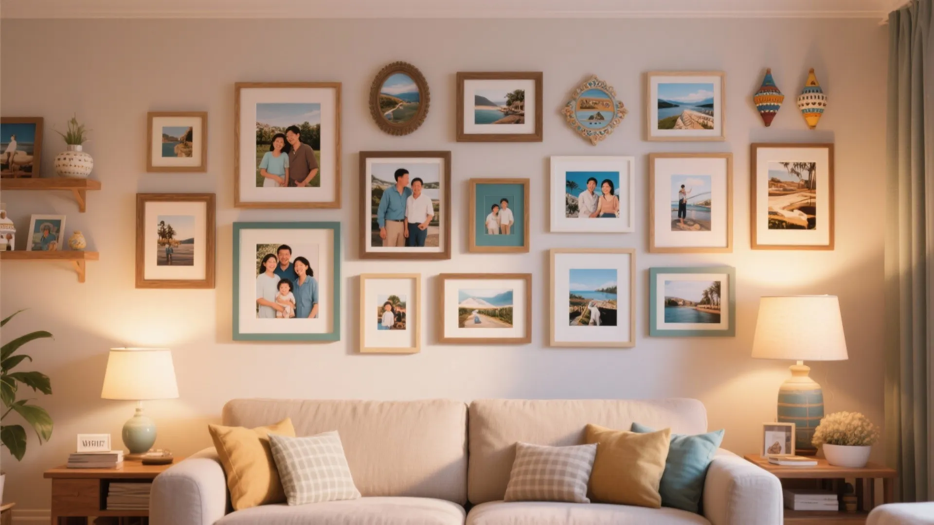 Gallery wall of family photos and souvenirs in a warm living room