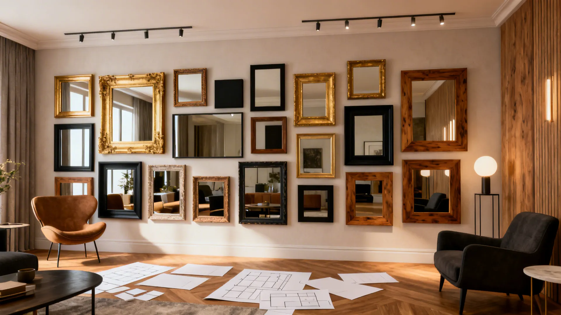 Living room gallery wall of mixed-frame mirrors reflecting light and adding texture