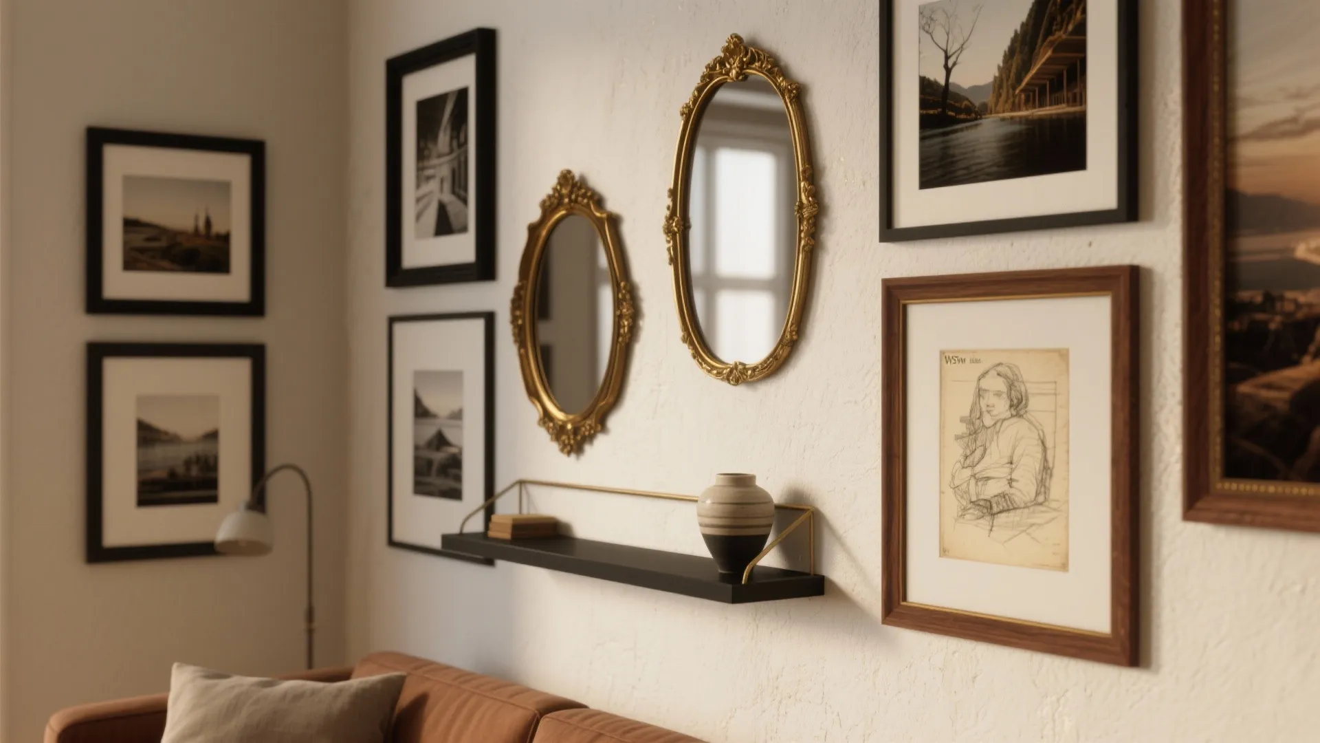 Living room wall decorated with gold mirrors black frames and a black shelf above sofa