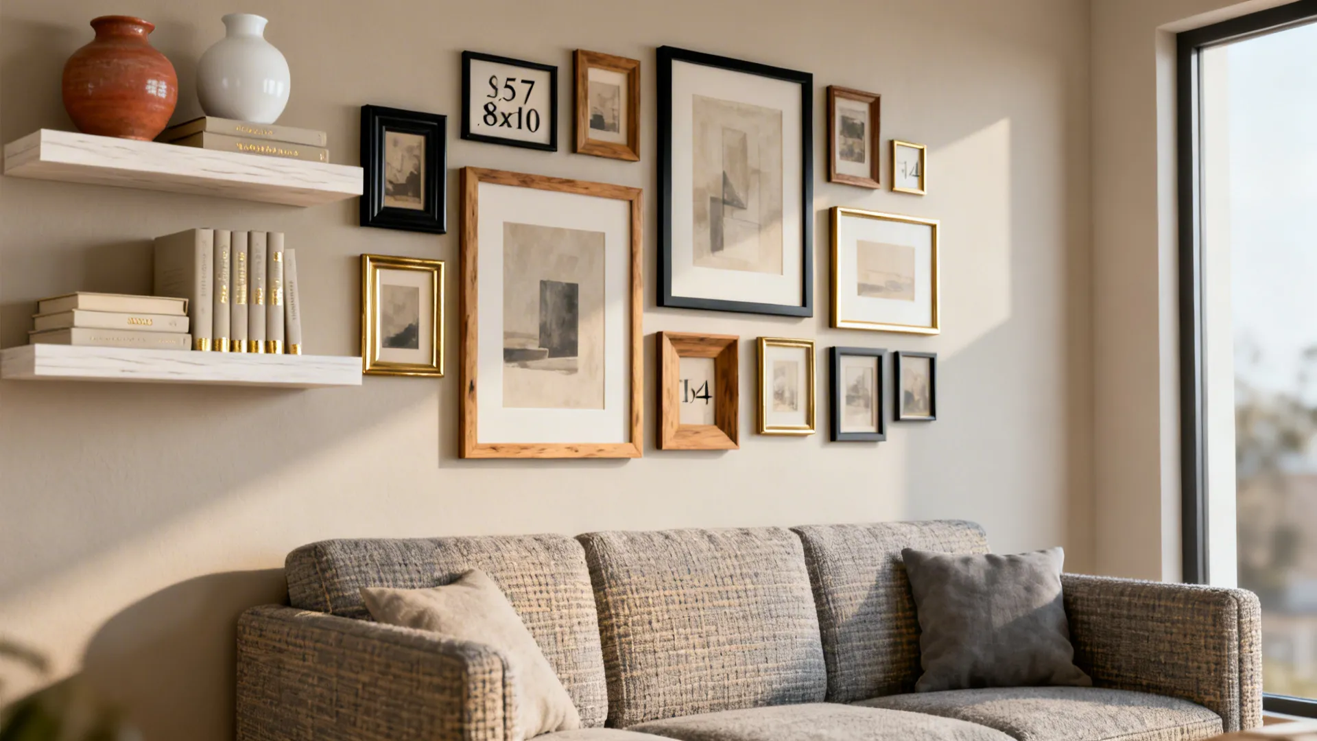 Small living room gallery wall with mixed frames and floating shelves above a compact sofa.