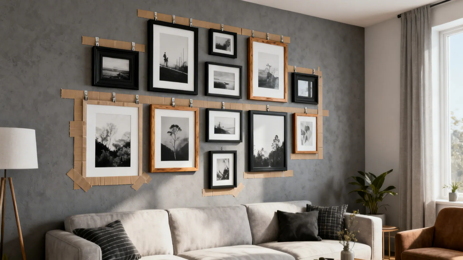Curated gallery wall of mixed frames on a grey wall with kraft paper layout and removable strips.