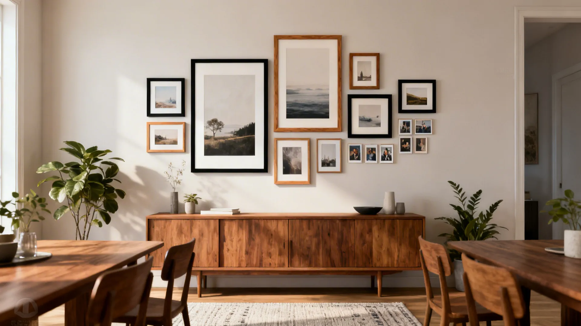 Dining room gallery wall with layered frames of varying sizes above a wooden buffet and curated decor.