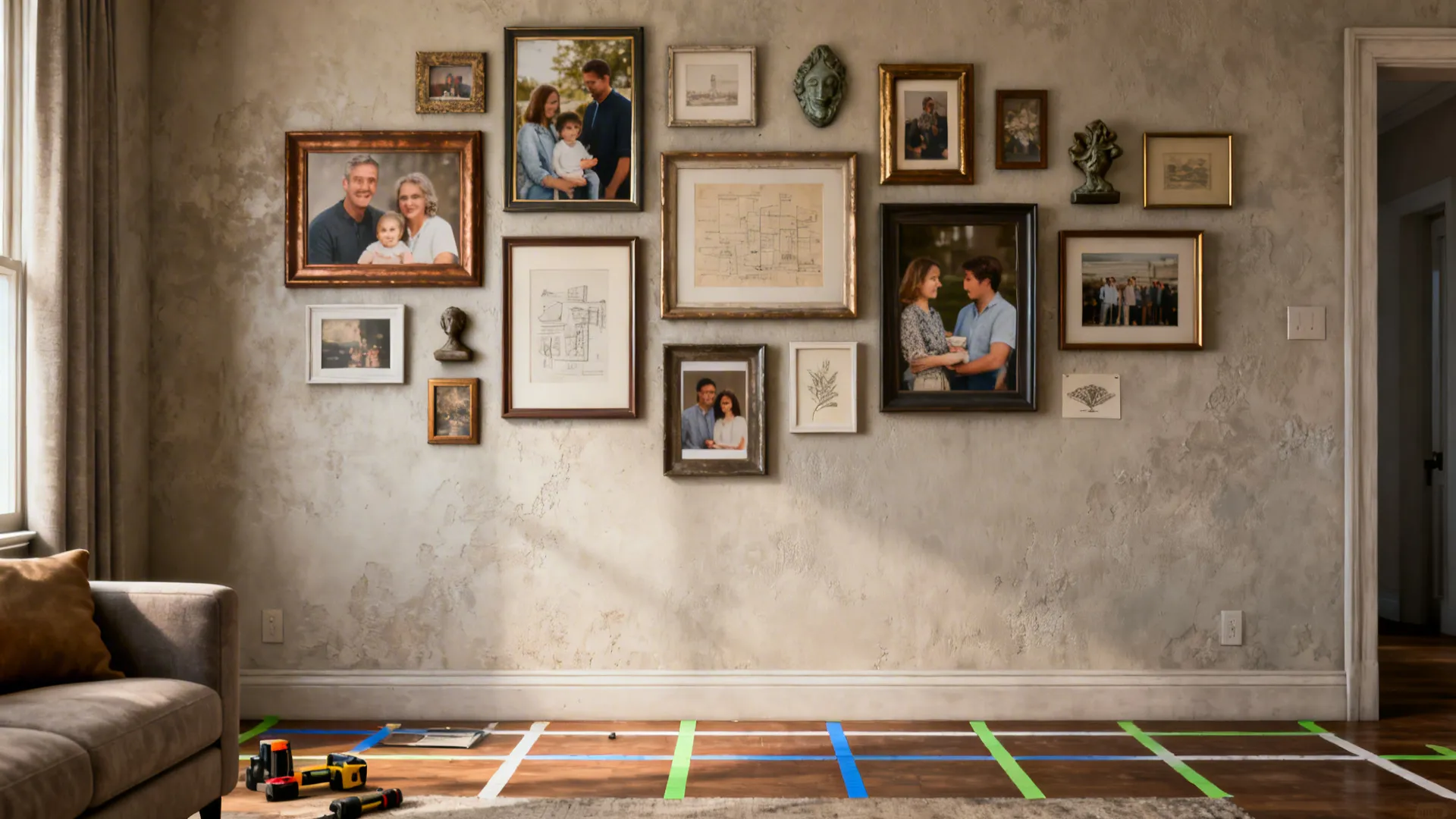 Gallery wall with mixed frames and a cohesive color theme above a sofa.