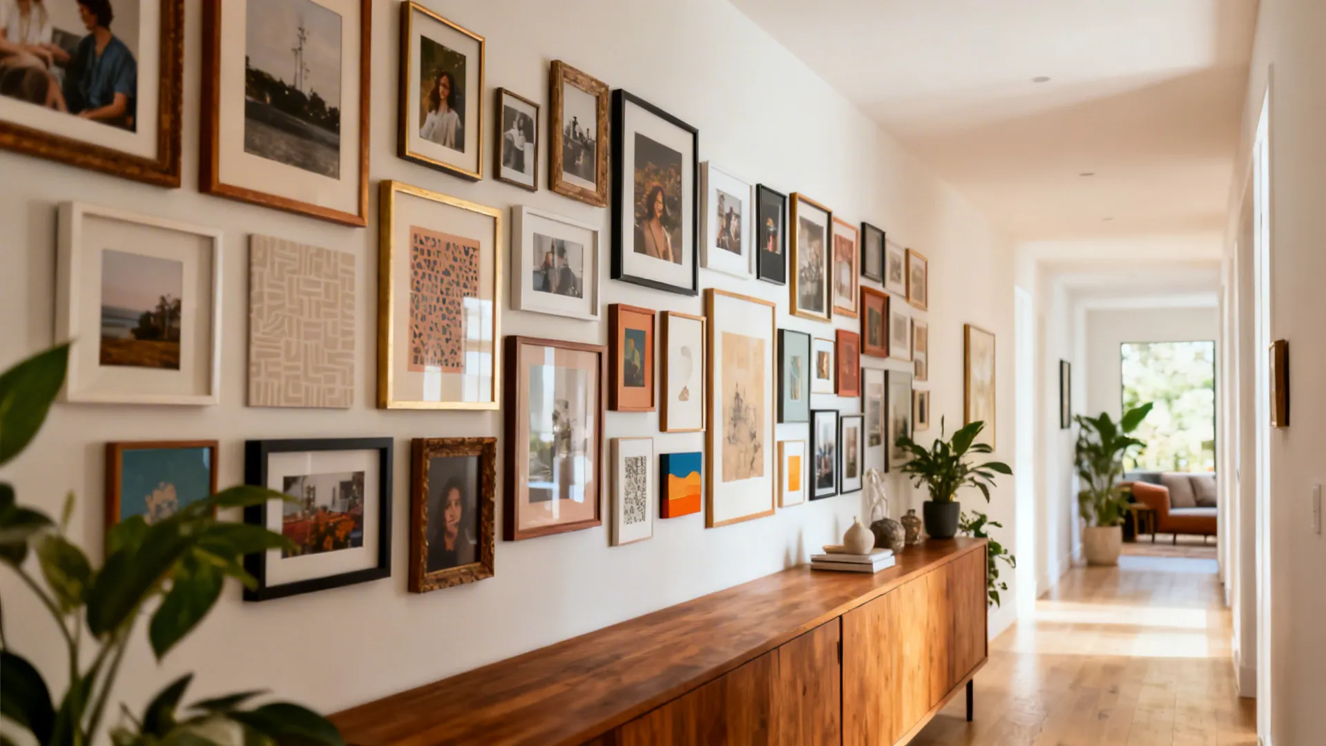 Curated gallery wall with mixed frame styles on a long living-room wall, warm tones and plants.
