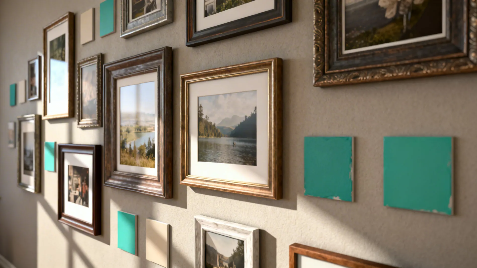 Gallery wall with mixed frames and painted panels echoing the room's accent hues