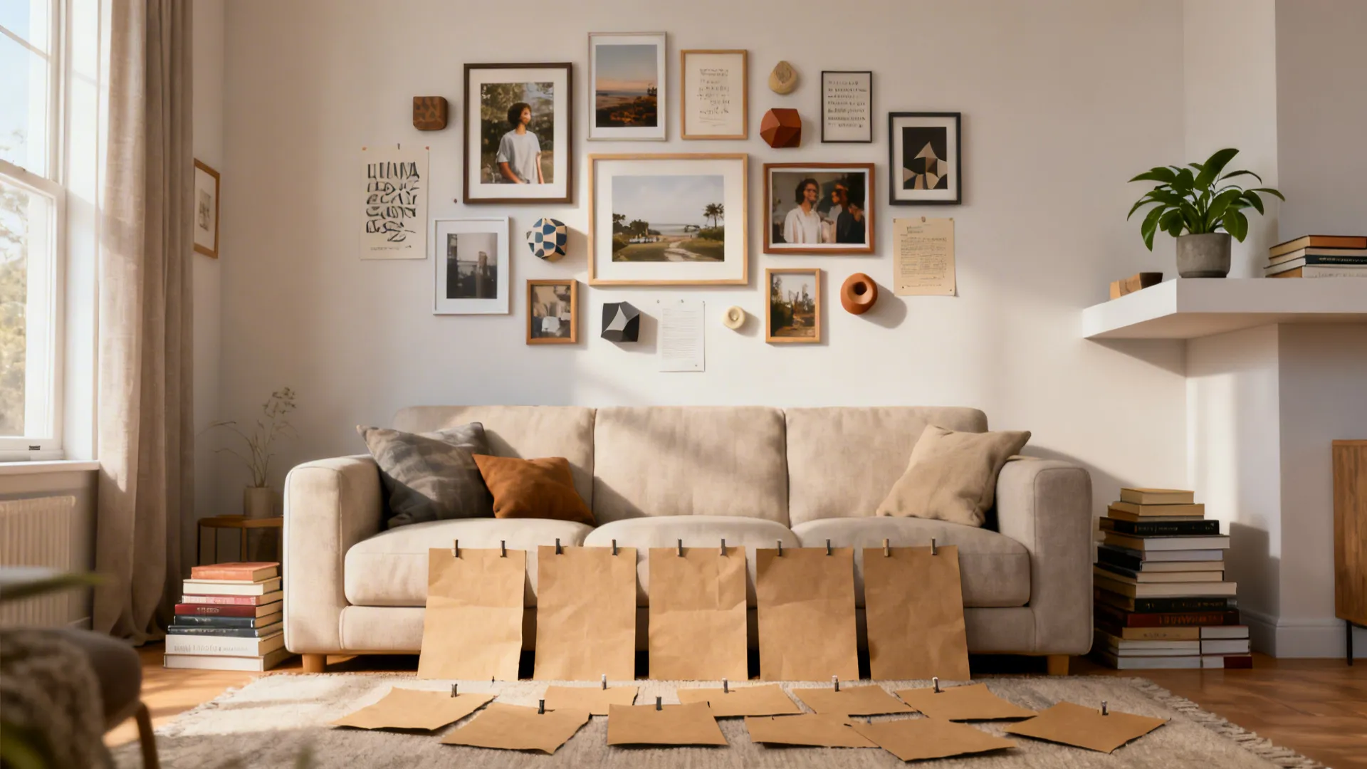 Brown paper templates on floor and sofa for planning a picture wall in living room