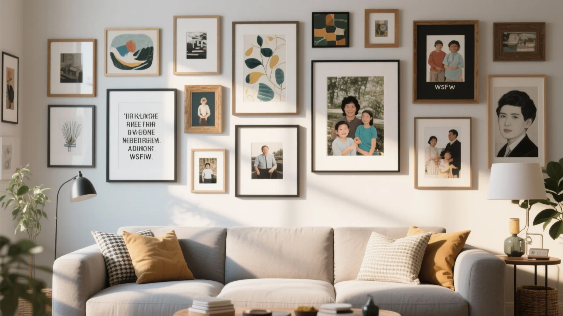 Eclectic gallery wall with art, photos, and quotes in mixed frames