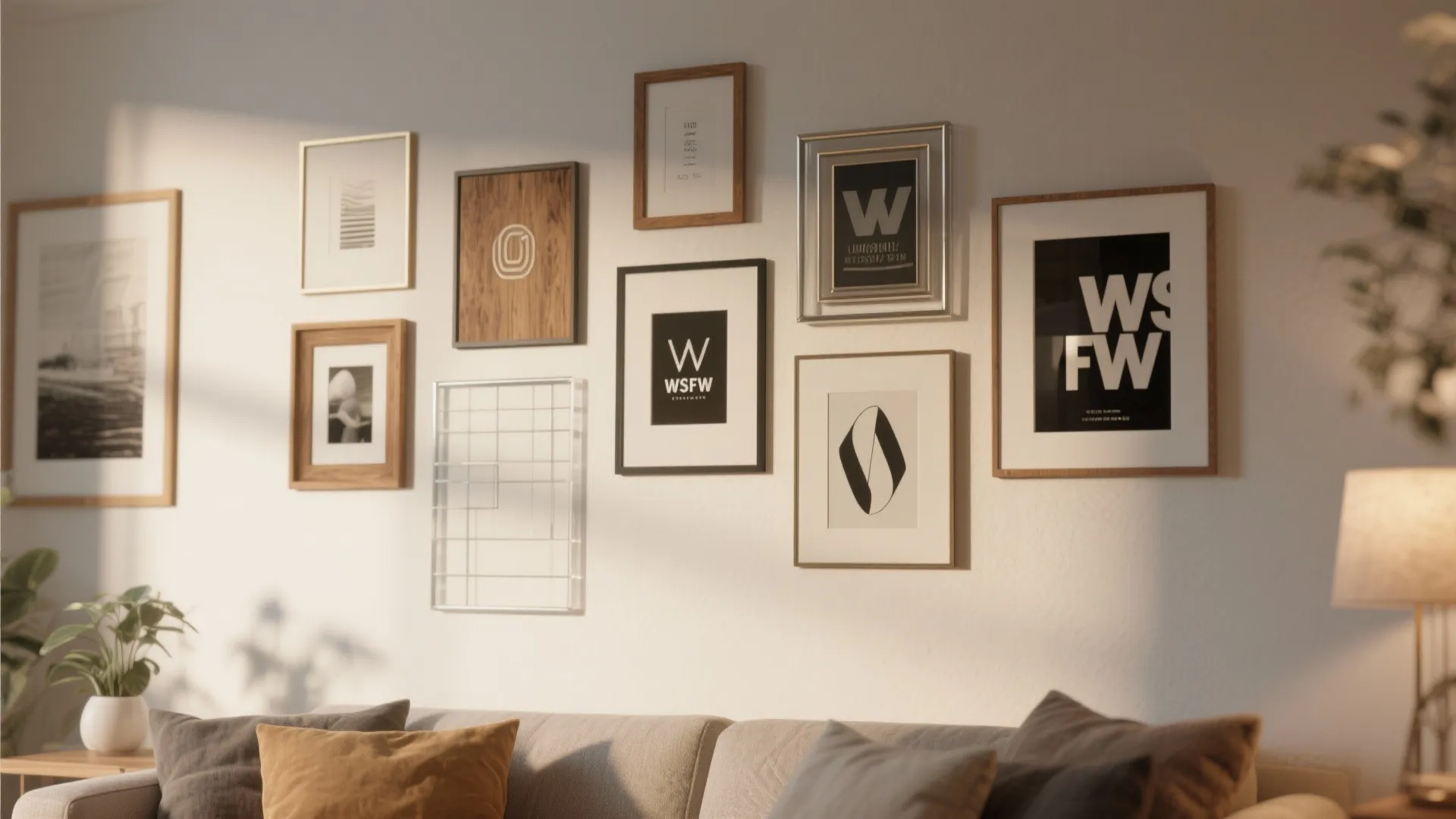 Living room gallery wall with different sized picture frames above a grey sofa with pillows
