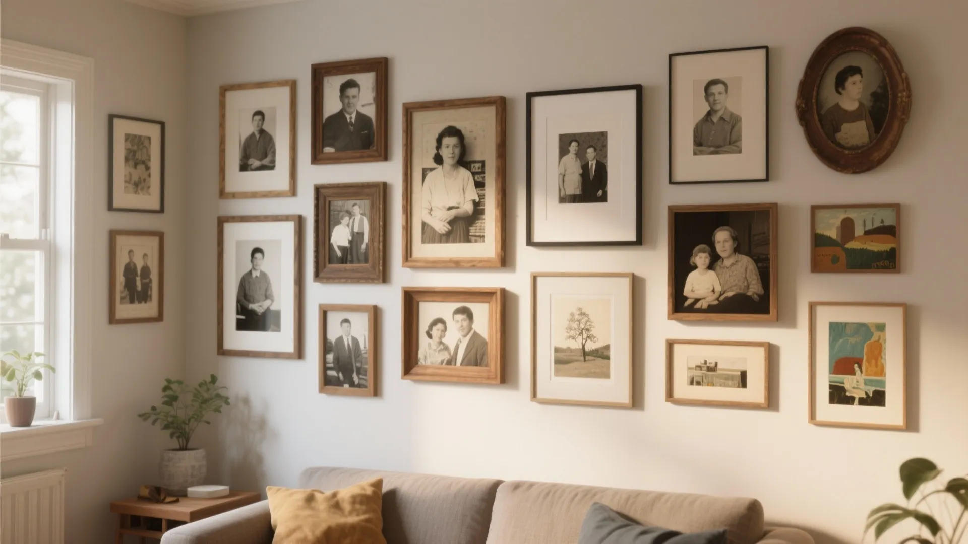 Large gallery wall featuring various framed black and white family photos above a comfortable grey sofa