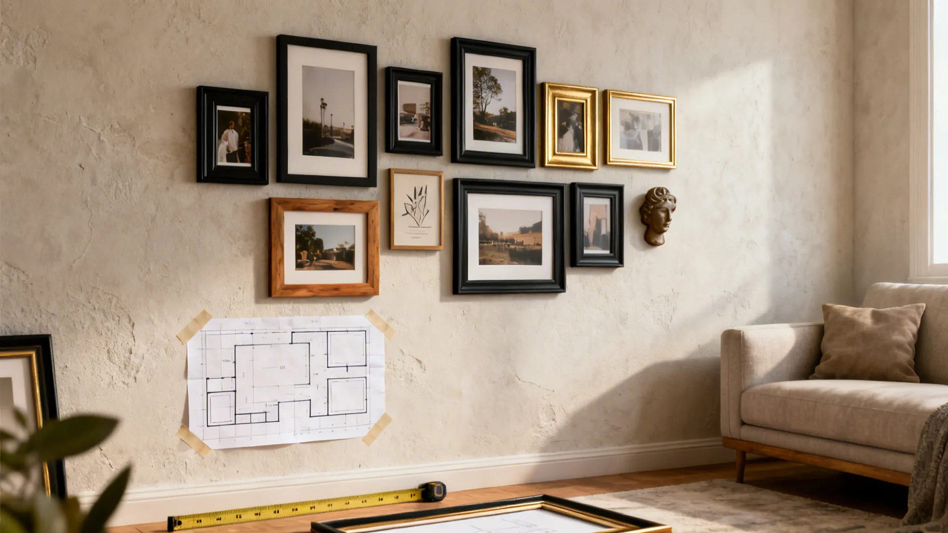 Gallery wall of mixed frames above a sofa with layout templates and measuring tape