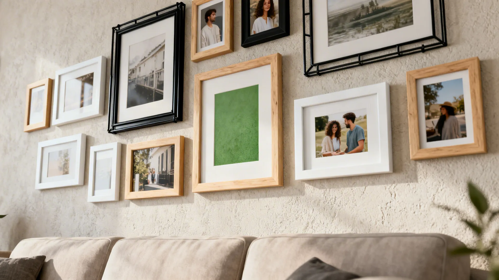 Gallery wall above a sofa with mixed frames and balanced composition