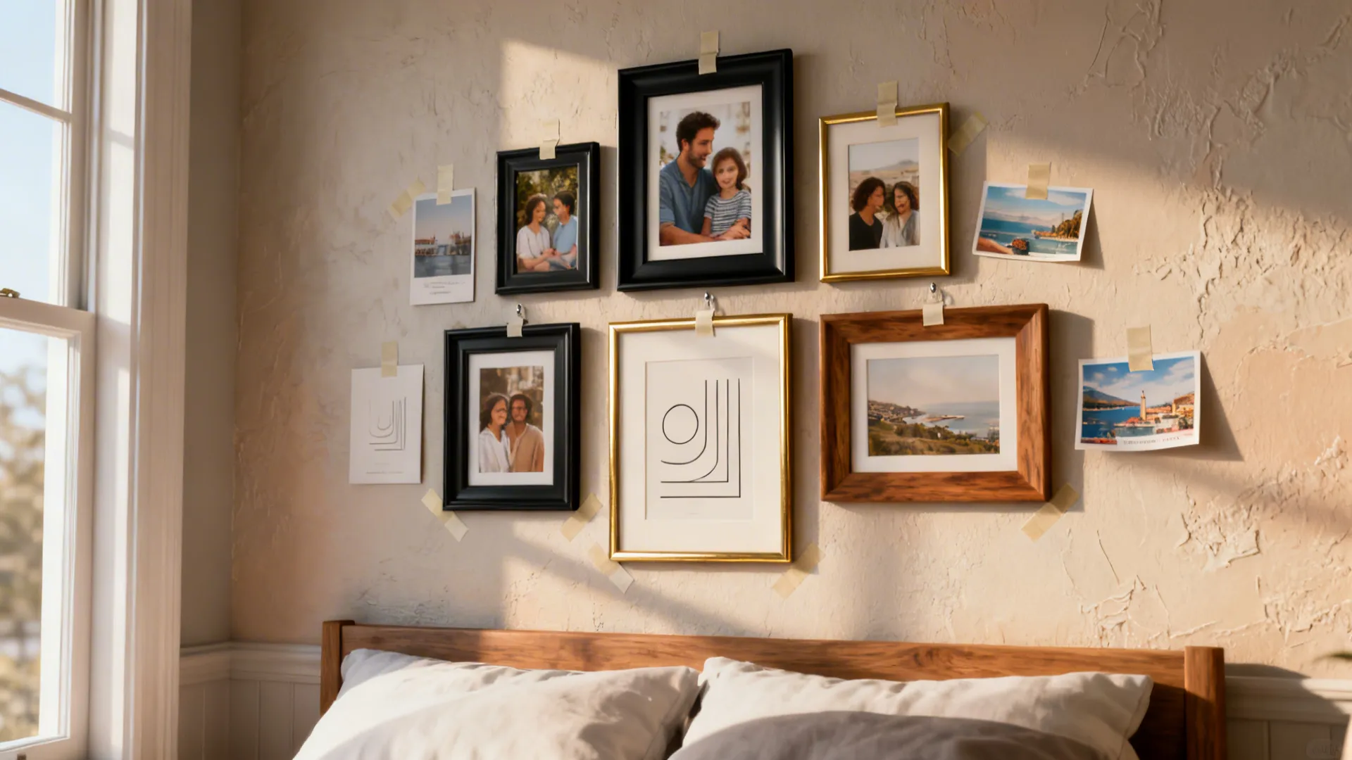 Mixed-frame gallery wall above a bed with photos and minimalist prints on a warm accent wall