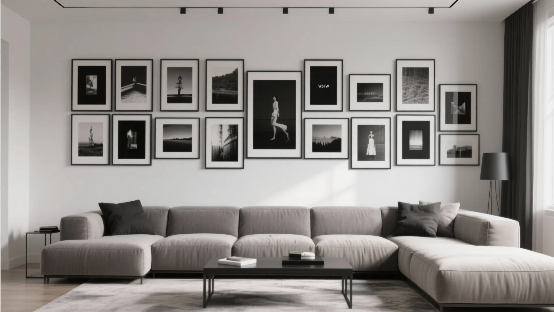 Large modern gallery wall with uniform frames in living room