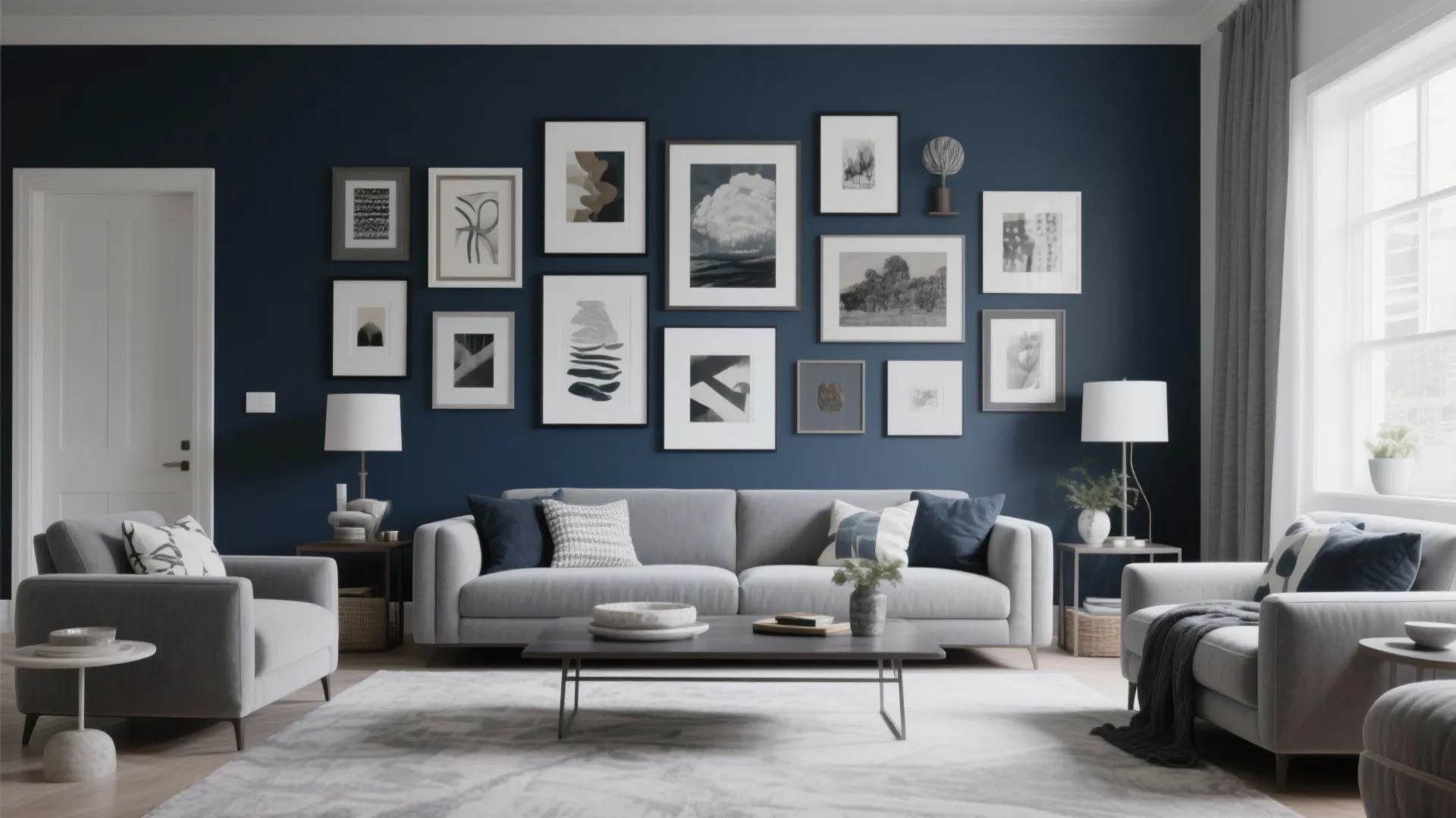 Navy blue wall with many framed pictures above a gray sofa and two matching armchairs