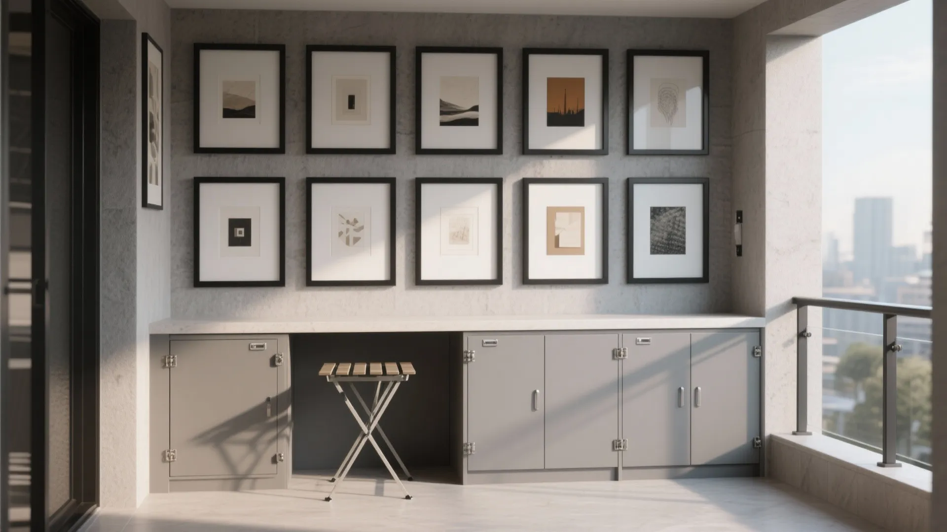 Modern balcony study area with gallery wall black frames grey cabinets small stool and city view
