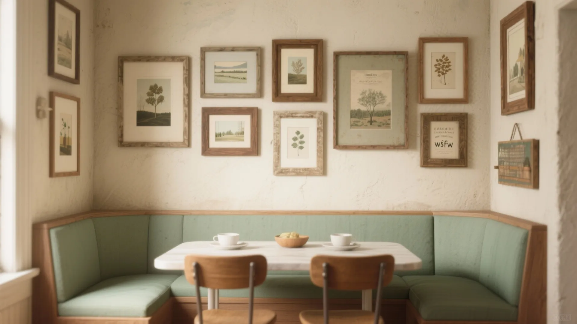Dining area with green corner sofa white marble table wooden chairs and framed nature wall art