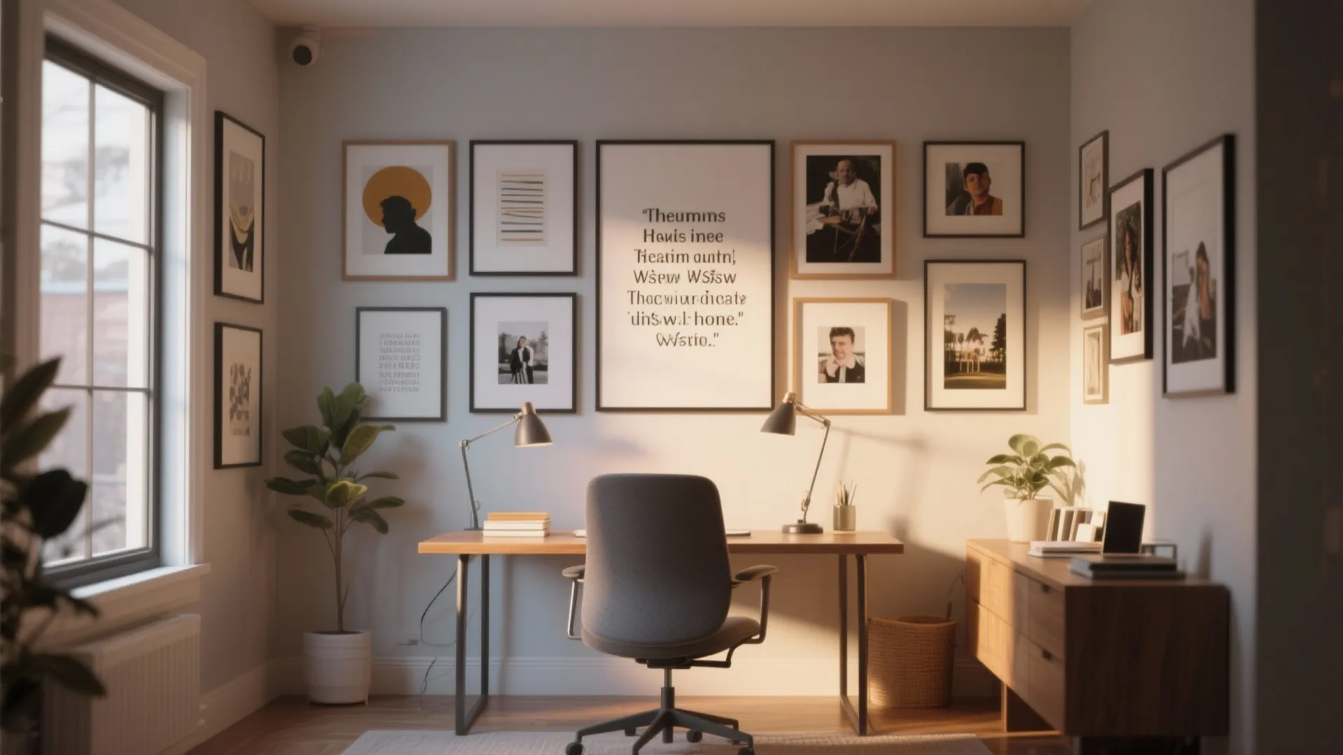 Home office interior with multiple framed pictures on the wall wooden desk and grey chair