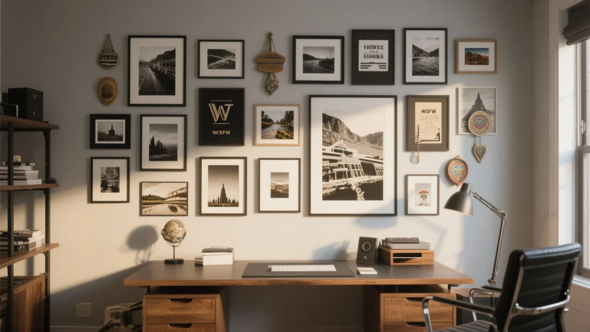 Bright office with many framed pictures on wall wooden desk black chair and silver desk lamp