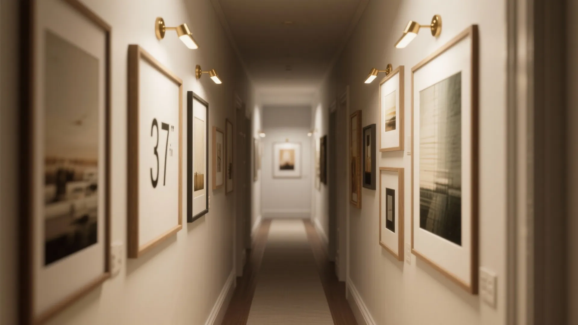 Narrow hallway with picture frames on white walls lit by several gold wall light fixtures