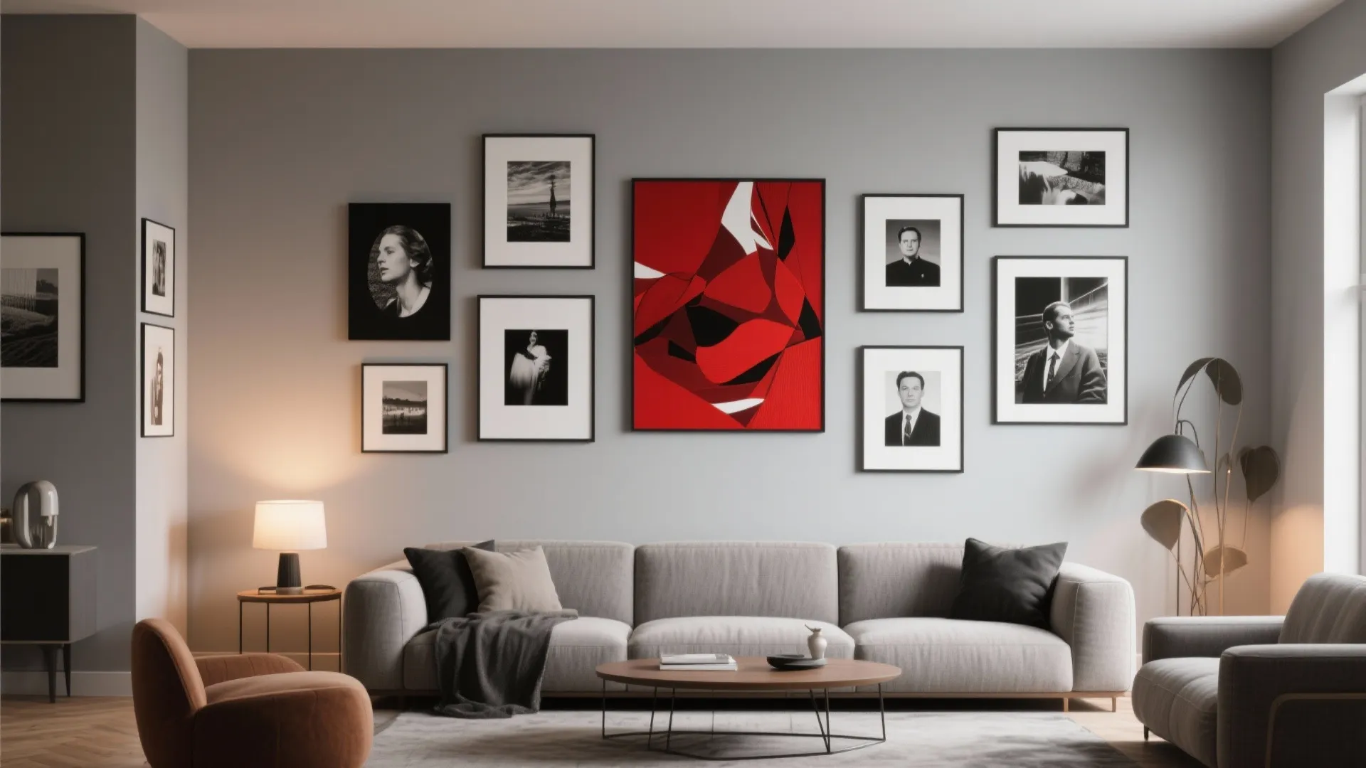 4. Gallery Wall with Red and Grey Artwork