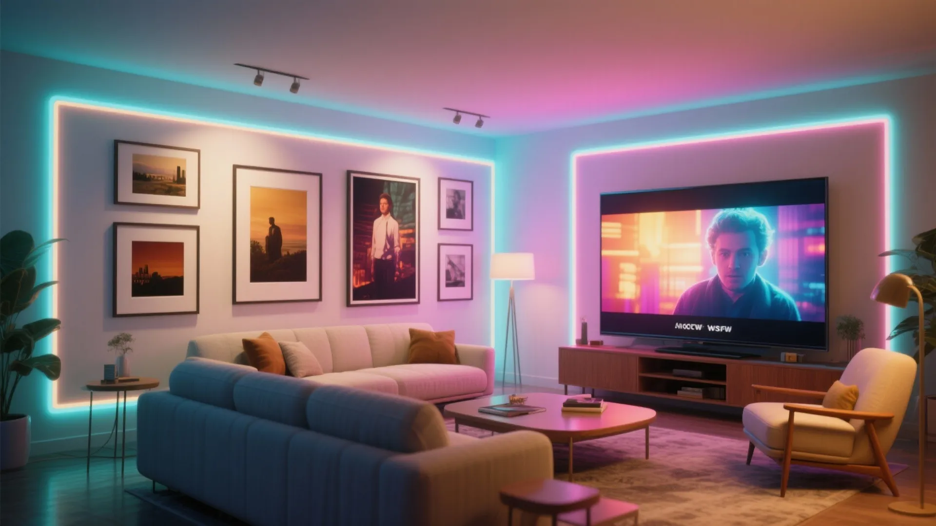 Gallery wall and TV outlined with programmable RGB strips creating a cinematic backdrop
