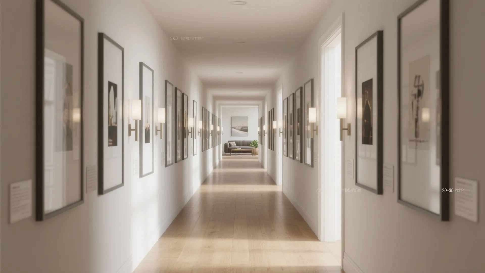 Long white hallway with framed pictures on walls, wooden flooring, wall lights, and small sofa