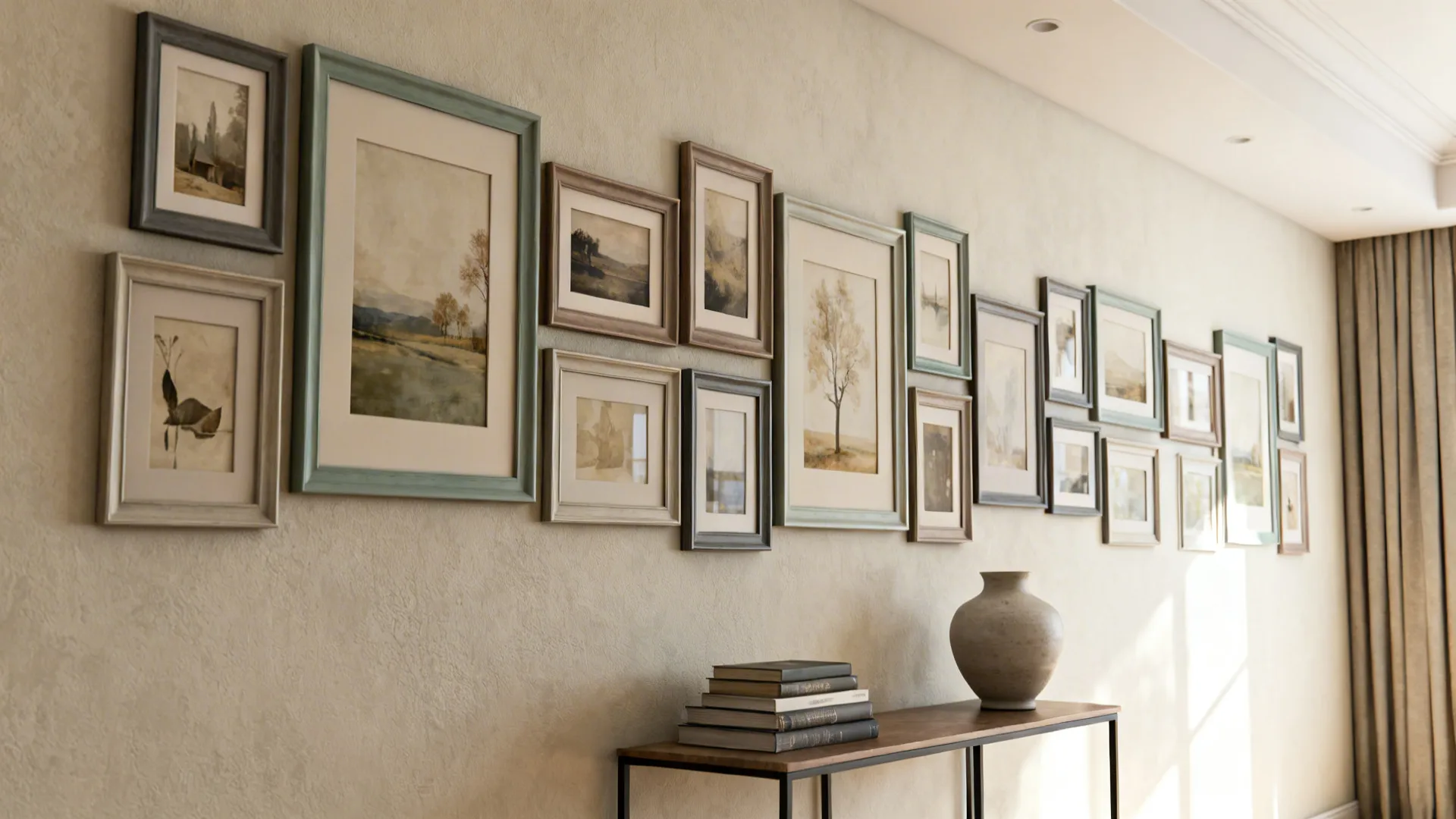 Gallery wall with mixed frame sizes and consistent mats above a small console table in a cozy living room.