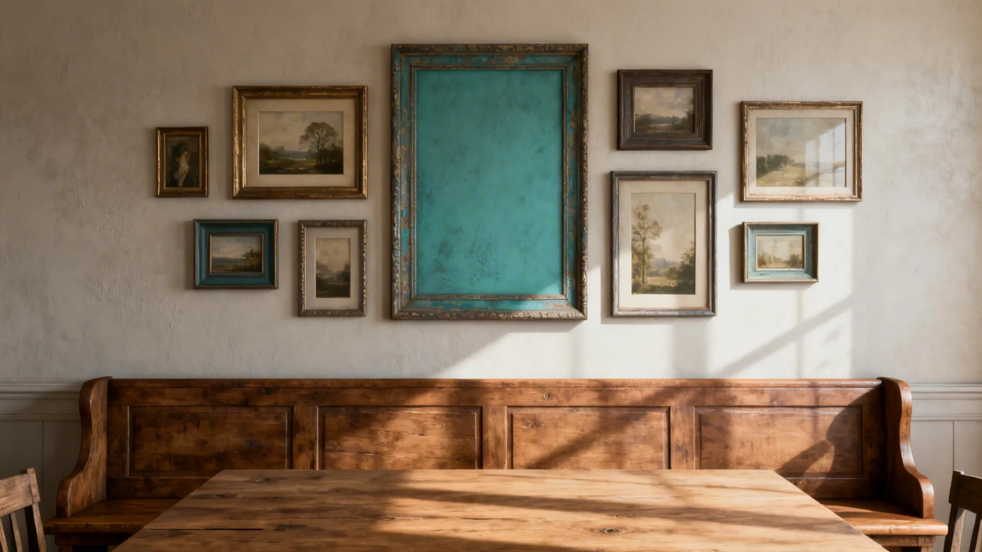 Gallery wall with various framed pictures above wooden bench seating and table in natural sunlight