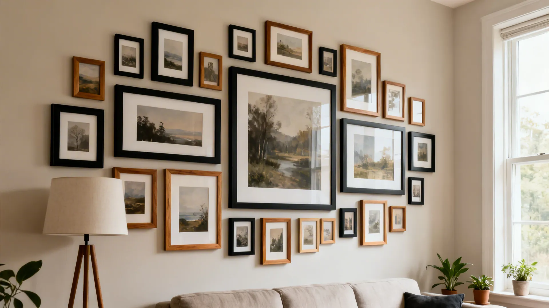 Curated gallery wall with mixed black and oak frames spaced evenly above a sofa.