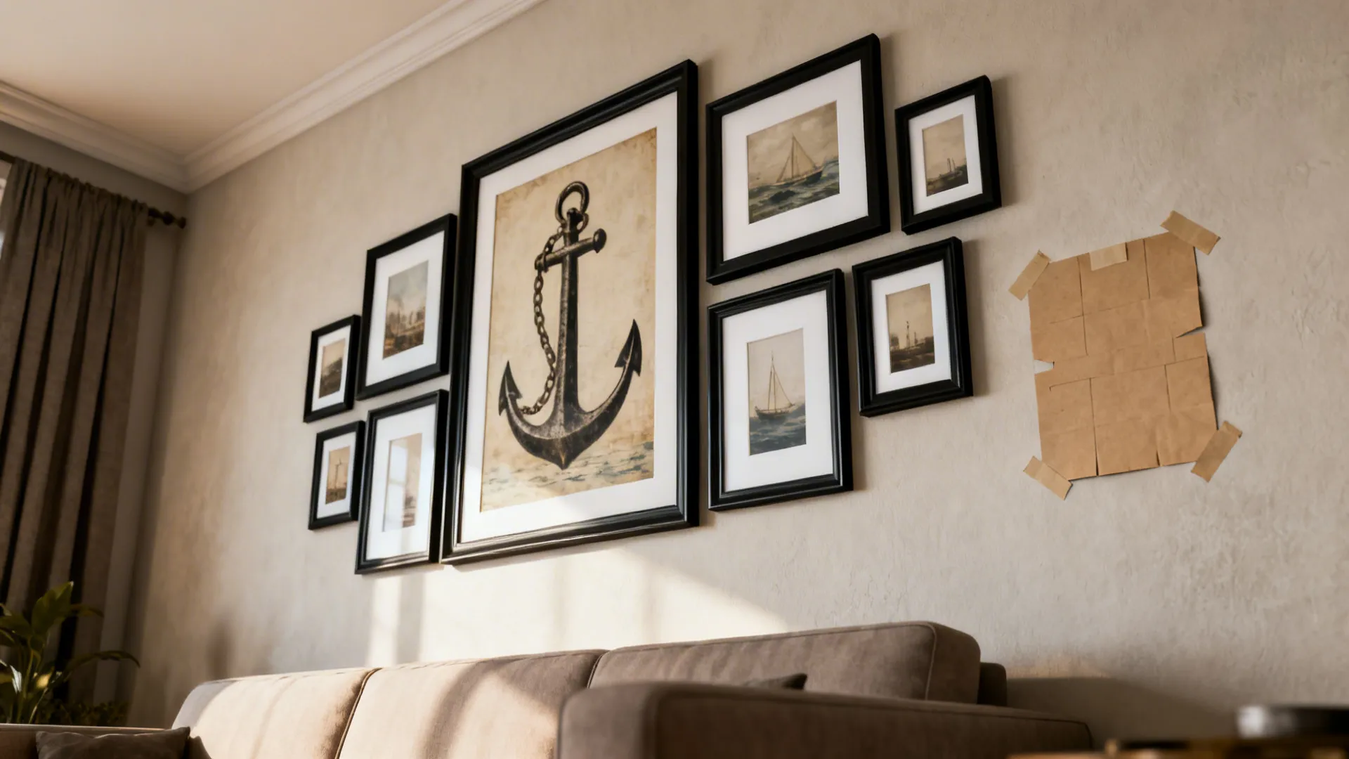 Curated gallery wall with one large anchor and smaller frames, kraft paper templates on wall, modern sofa below.