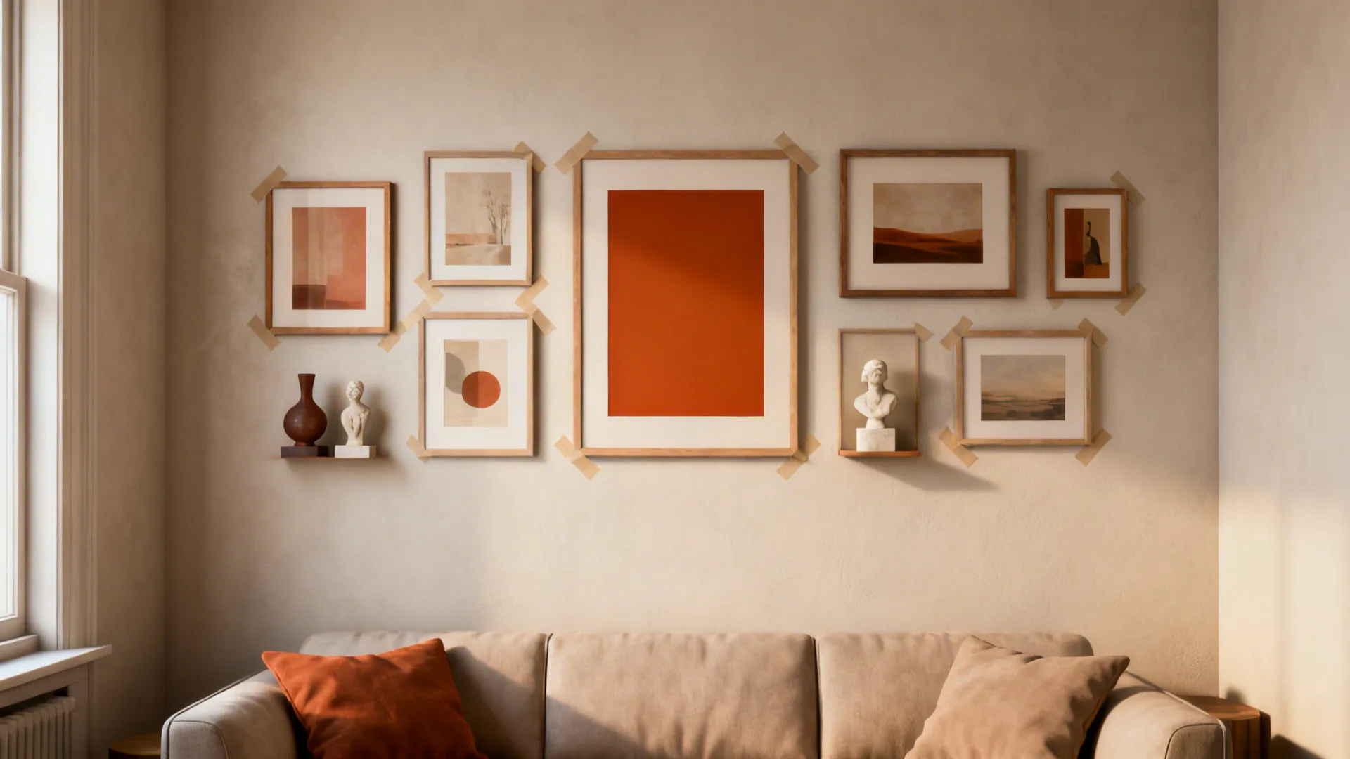Gallery wall with matching frames and one dominant accent color in a small living room