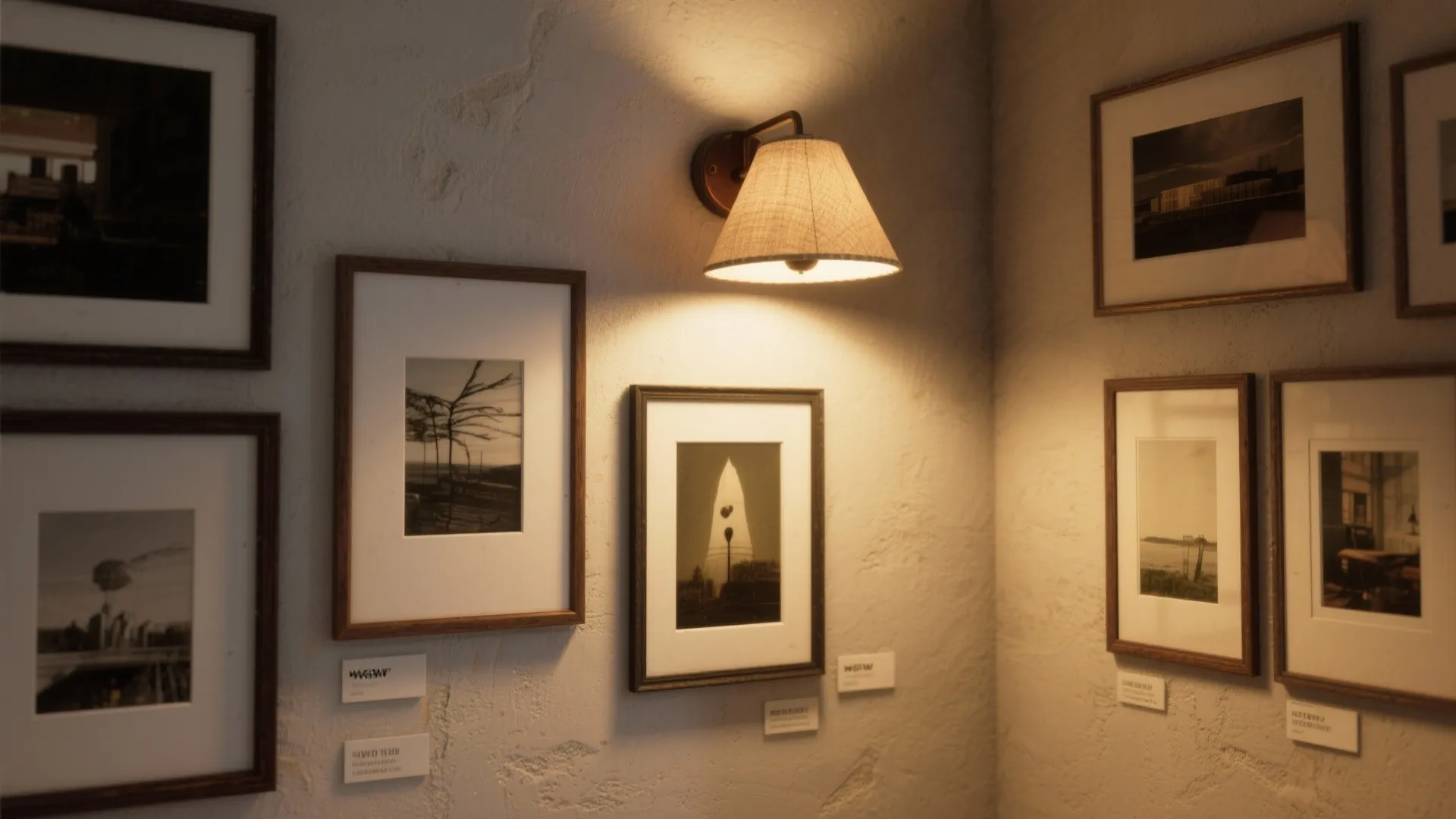 Small gallery wall illuminated by a single angled fabric shade sconce creating a warm, curated focal wash over framed artwork.