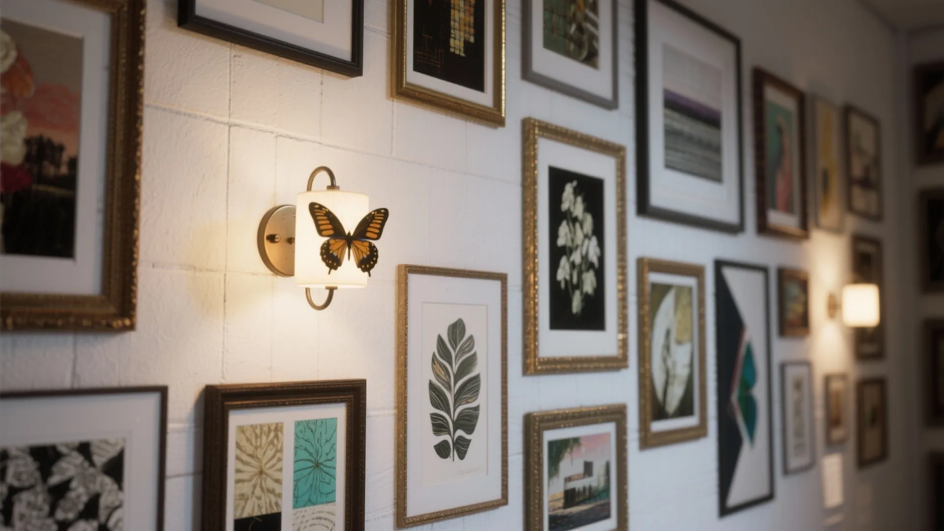 Eclectic gallery wall illuminated by a butterfly sconce adding depth and layered lighting.