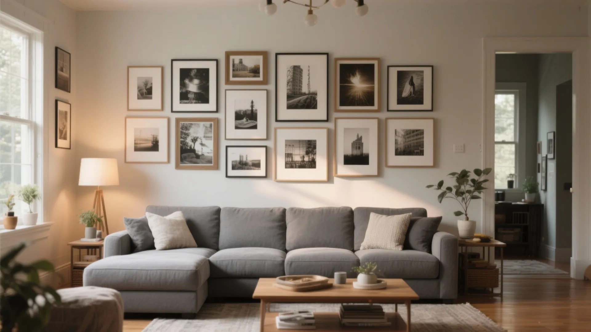 Living room with grey sofa and gallery wall featuring many framed photos and wooden floor