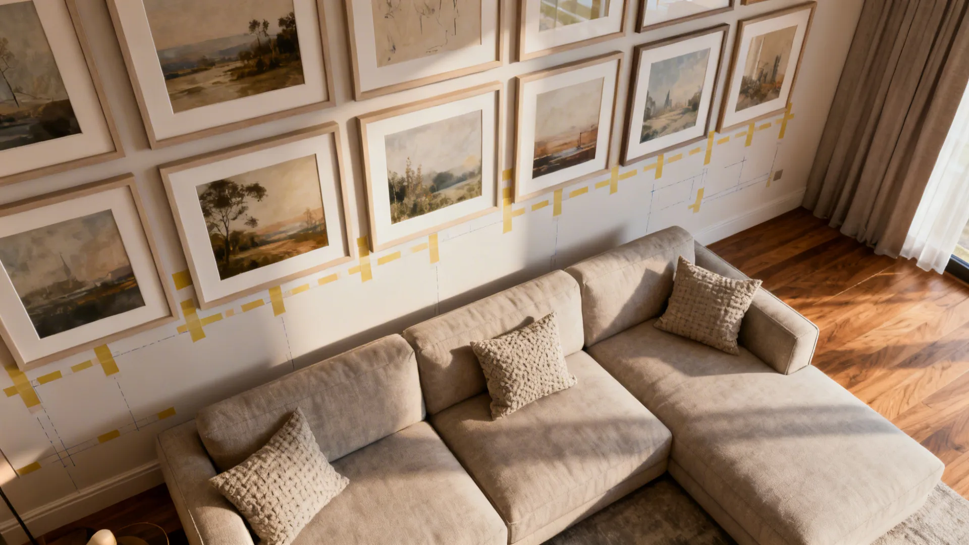 Sectional sofa with a large, cohesive gallery wall of framed art and visible mockup tape on the wall.