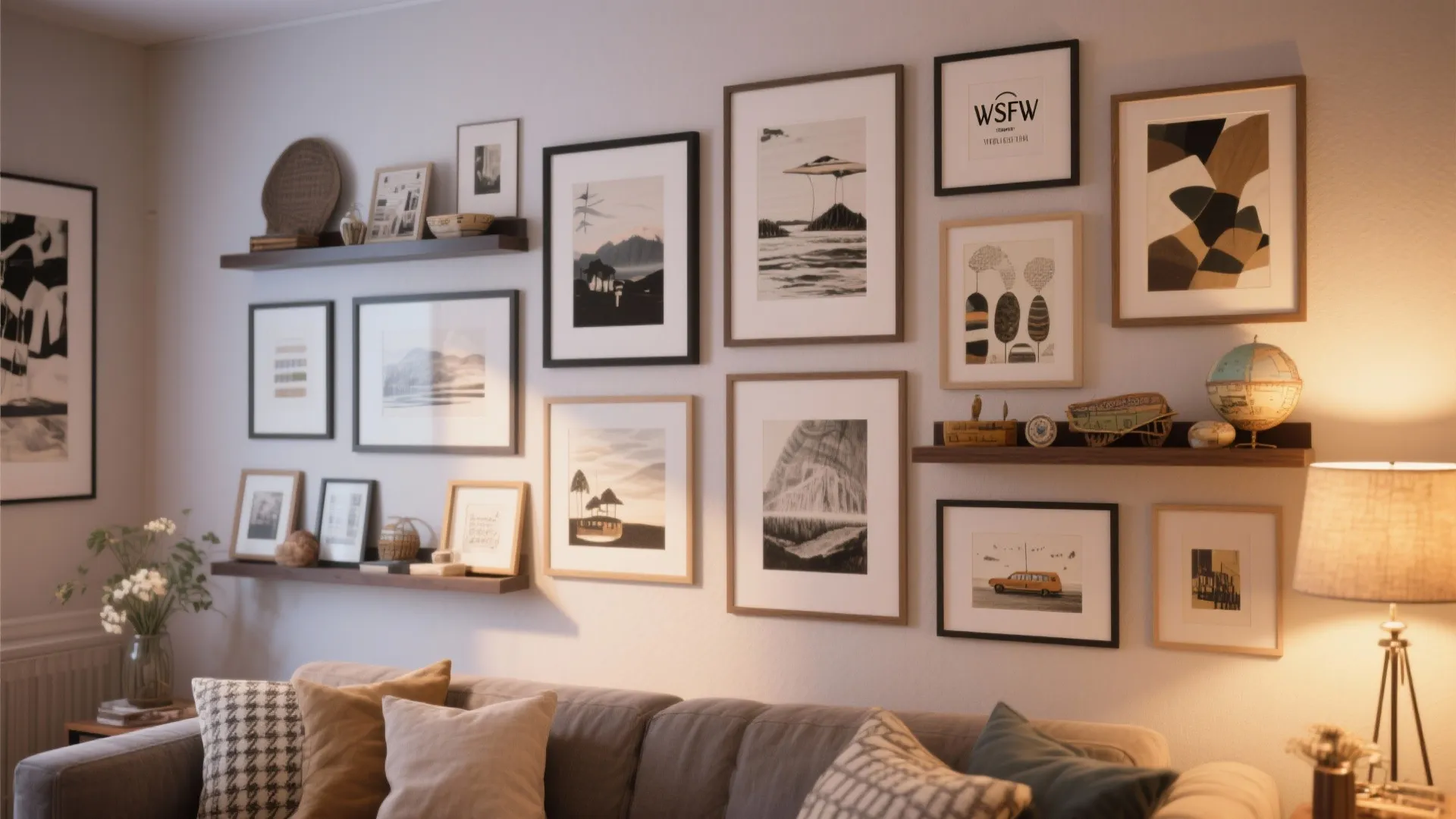Gallery wall combining framed art and floating shelves