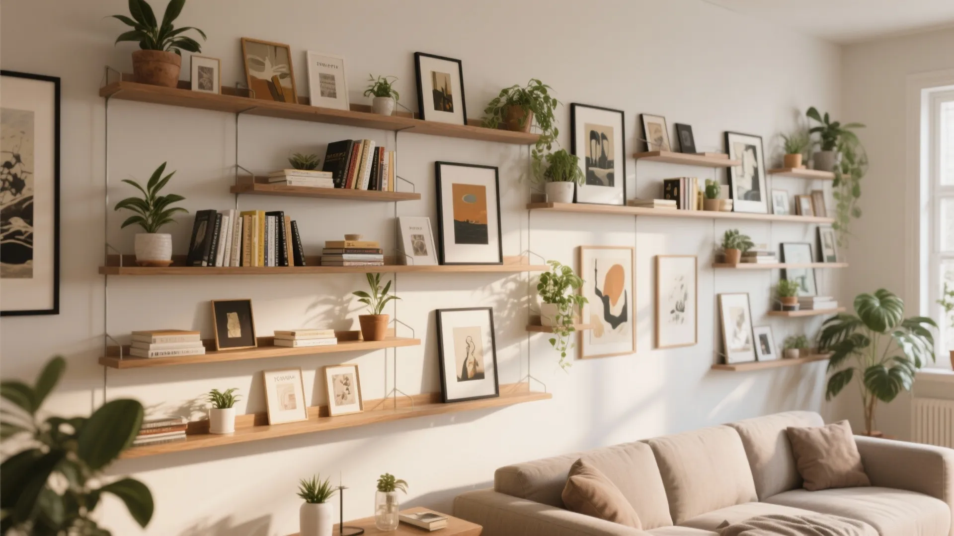 Modern living room featuring long wooden floating shelves decorated with framed art and small plants