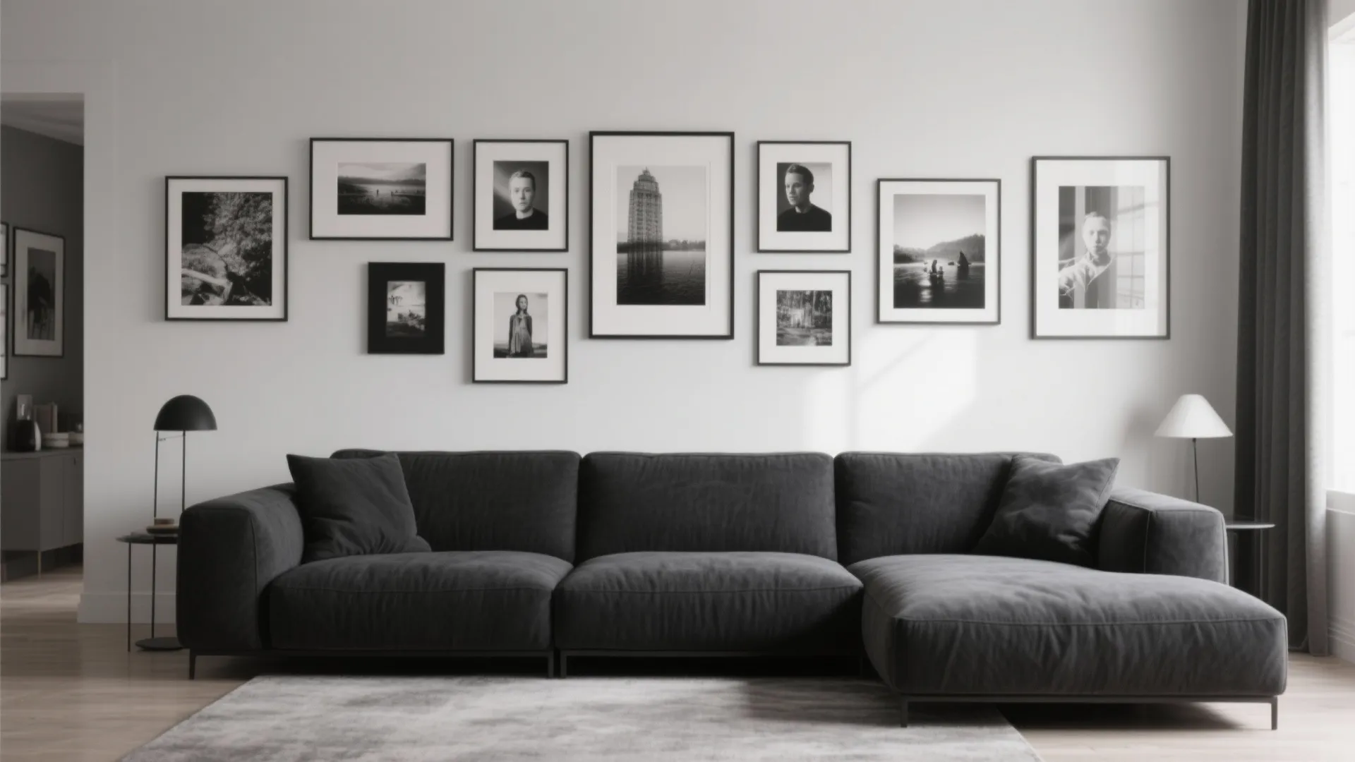 Modern dark grey sofa against white wall with many framed pictures and a light rug