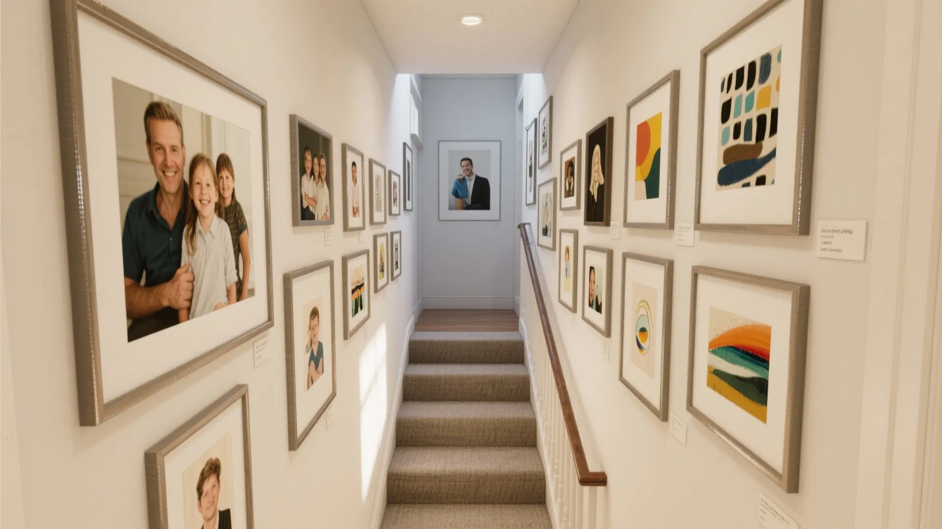 Narrow staircase hallway with white walls filled with many framed family photos and colorful art