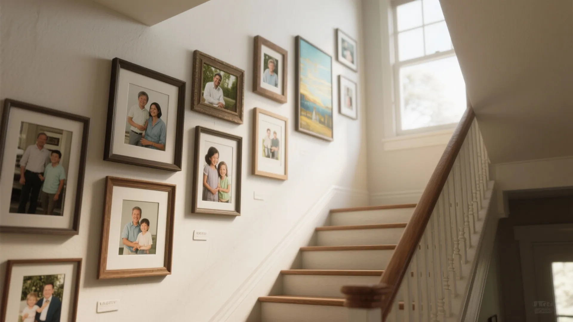 Staircase wall decorated with many framed family photos and landscape paintings in a bright house