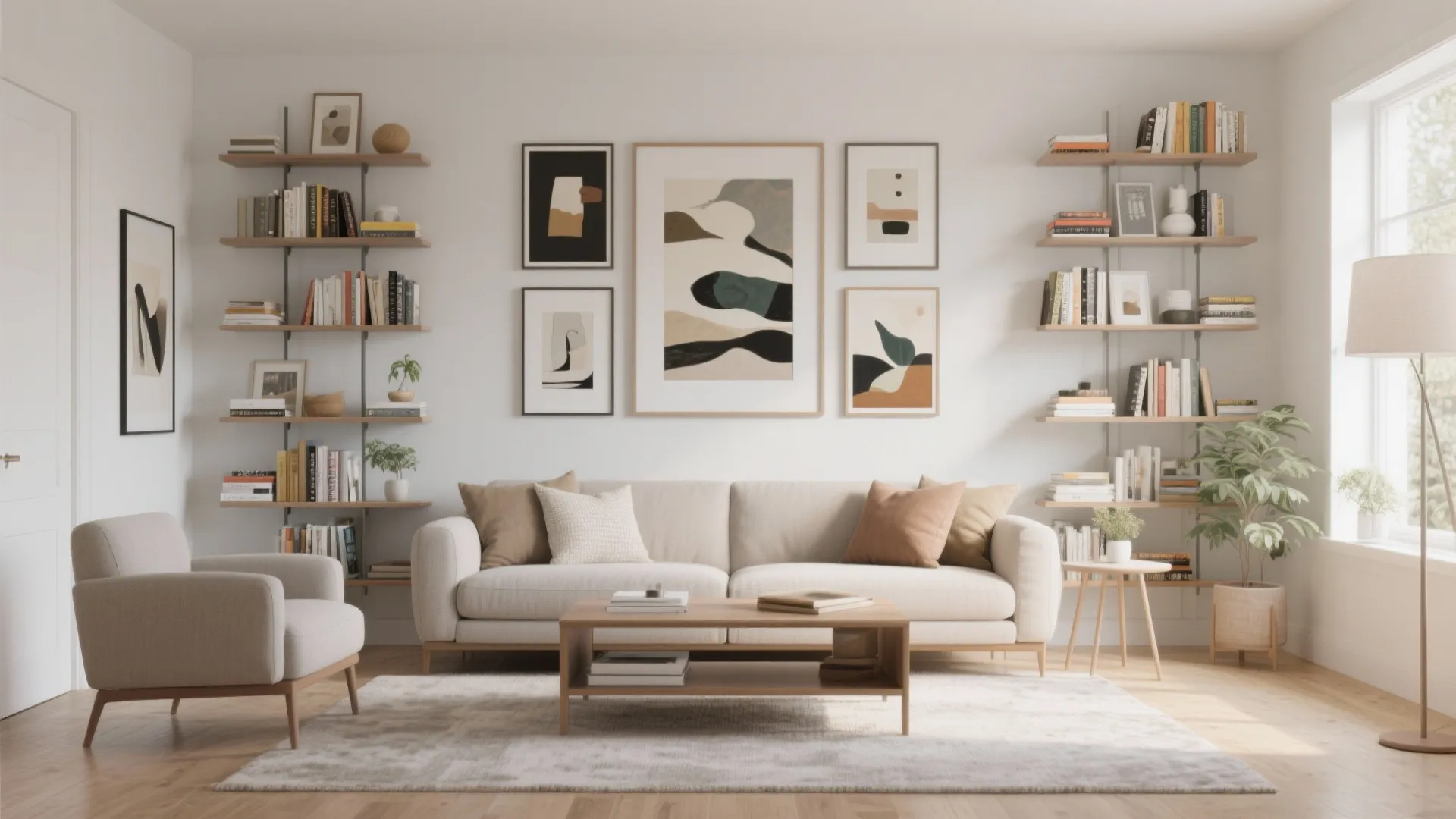 Modern living room featuring beige sofa wooden coffee table gallery wall art and tall bookshelves