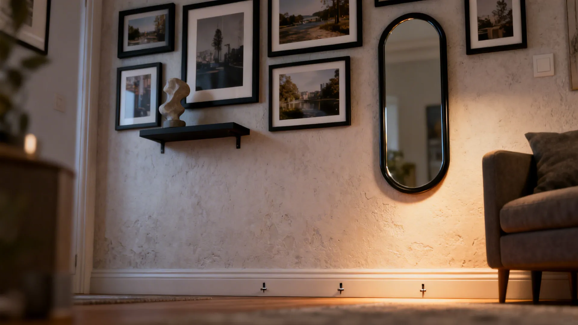 Curated gallery wall with framed photos, small shelf and sculptural piece in a small living room.